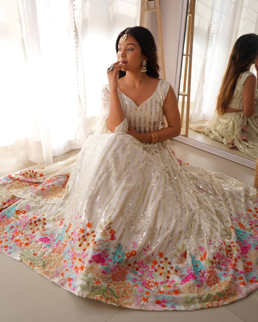 White Fox Georgette Sequin Embellished Lehenga Set – Dual Sequin Sparkle ClothsVilla