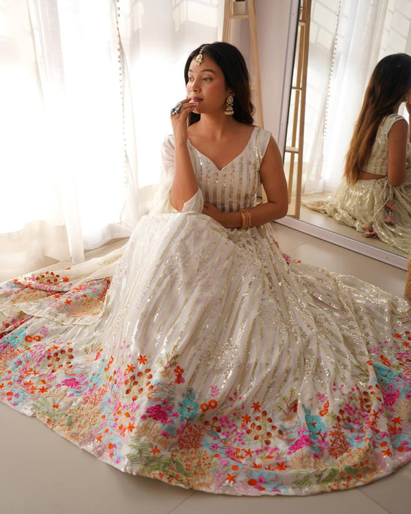 White Fox Georgette Sequin Embellished Lehenga Set – Dual Sequin Sparkle ClothsVilla