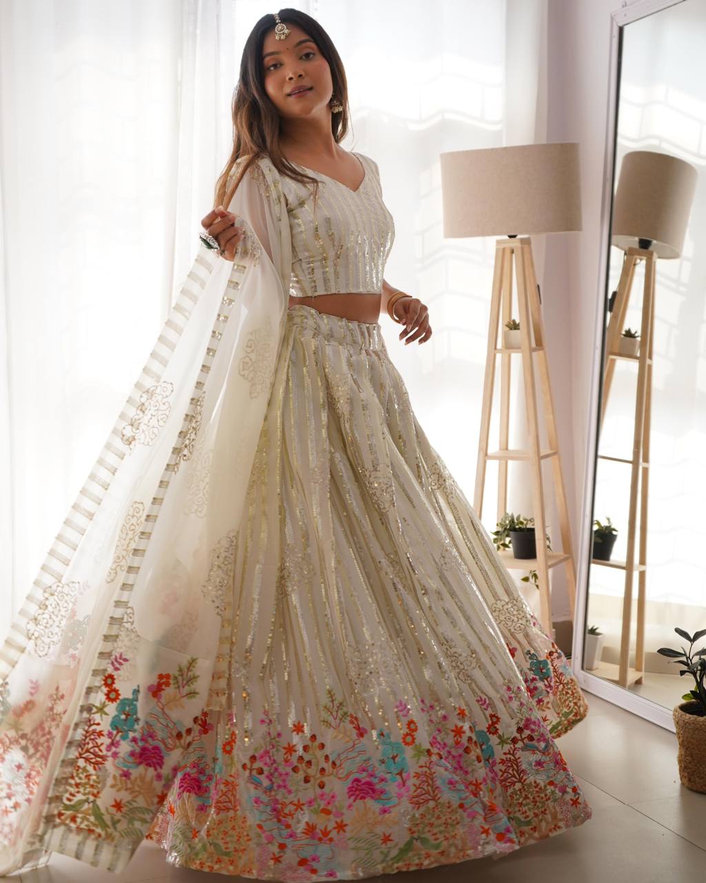 White Fox Georgette Sequin Embellished Lehenga Set – Dual Sequin Sparkle ClothsVilla