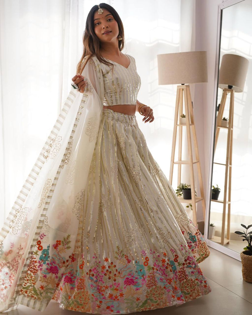 White Fox Georgette Sequin Embellished Lehenga Set – Dual Sequin Sparkle ClothsVilla