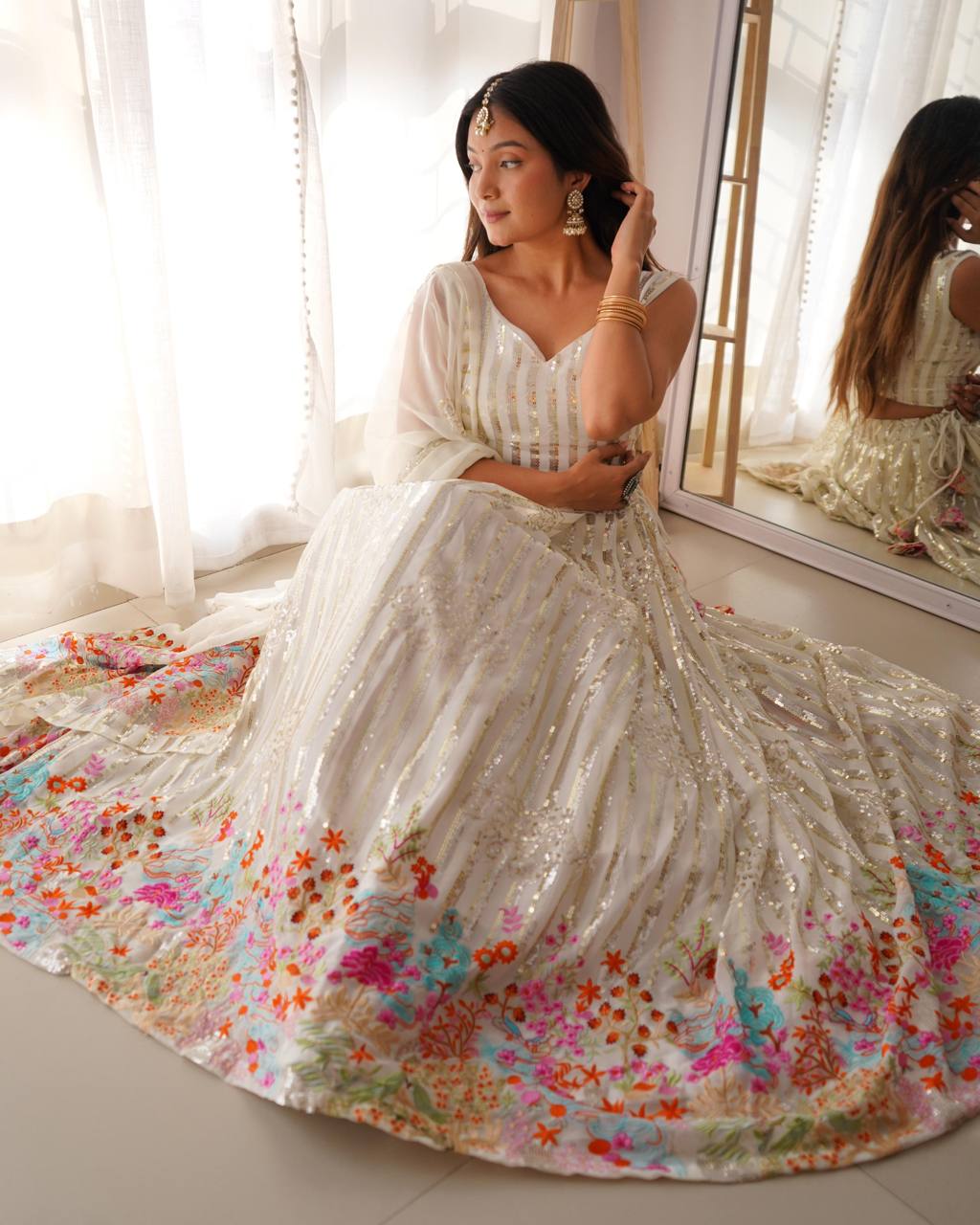 White Fox Georgette Sequin Embellished Lehenga Set – Dual Sequin Sparkle ClothsVilla