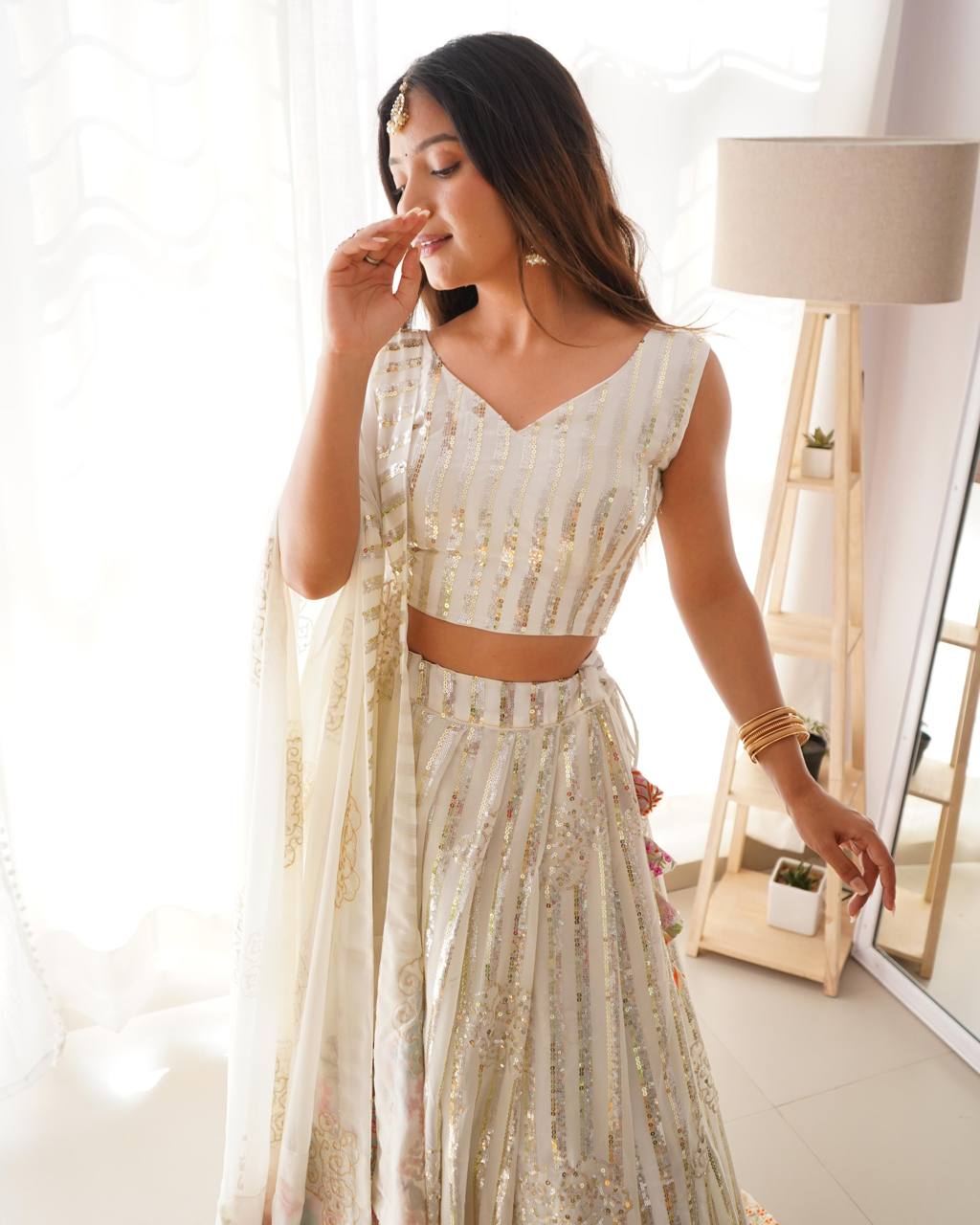 White Fox Georgette Sequin Embellished Lehenga Set – Dual Sequin Sparkle ClothsVilla