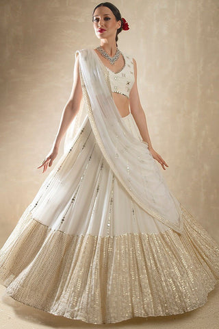 White Georgette Lehenga Set with Sequins, Jari & Paper Mirror Embroidery – Semi-Stitched with Dupatta ClothsVilla
