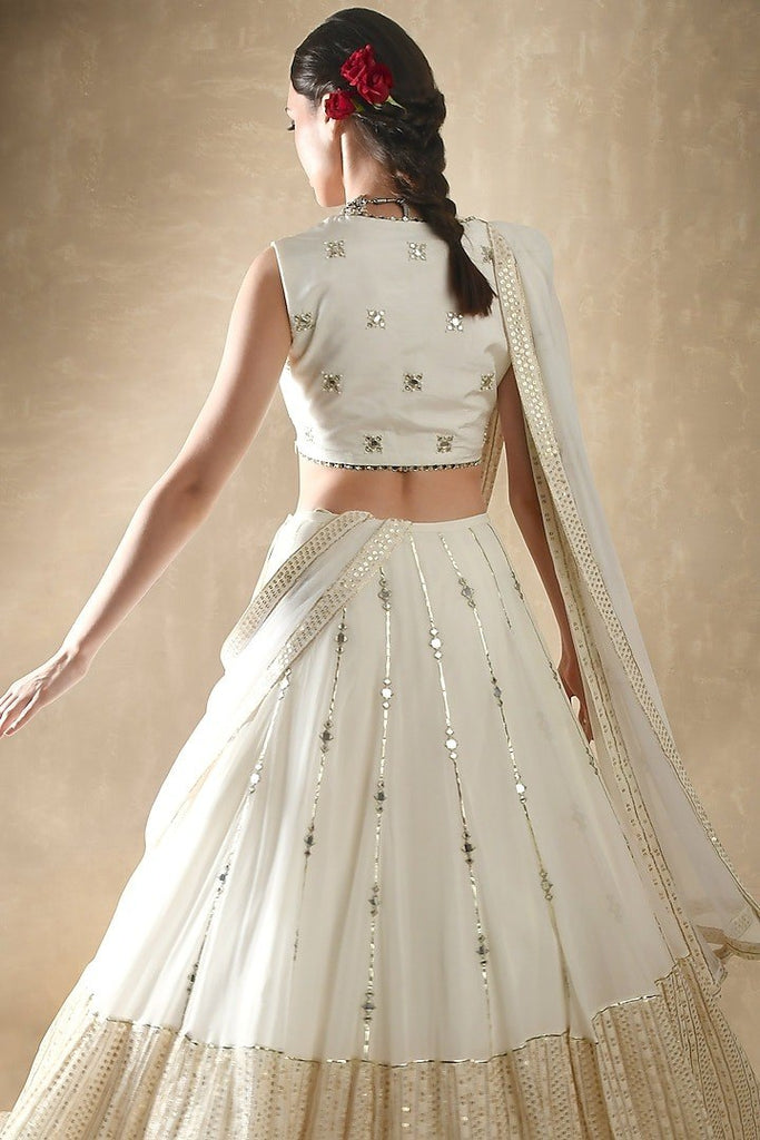 White Georgette Lehenga Set with Sequins, Jari & Paper Mirror Embroidery – Semi-Stitched with Dupatta ClothsVilla