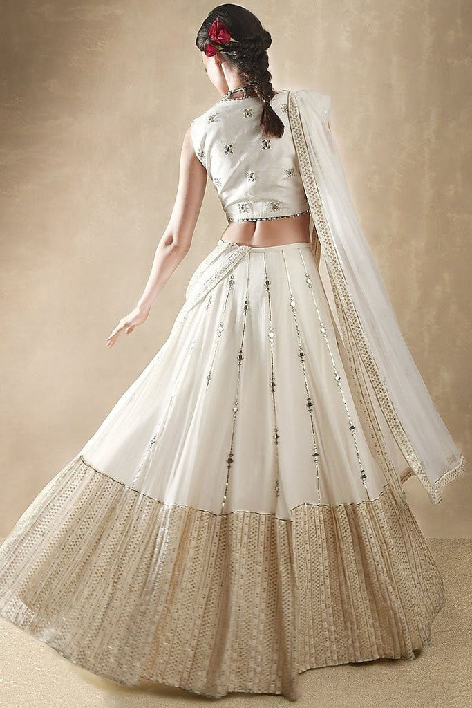 White Georgette Lehenga Set with Sequins, Jari & Paper Mirror Embroidery – Semi-Stitched with Dupatta ClothsVilla