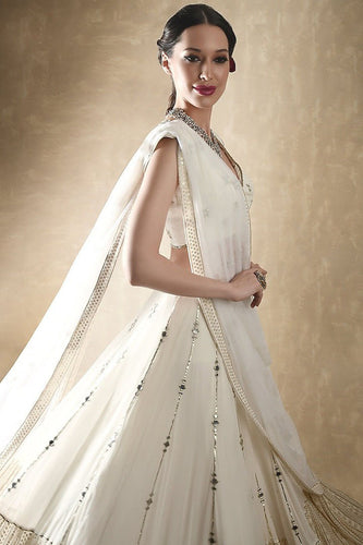 White Georgette Lehenga Set with Sequins, Jari & Paper Mirror Embroidery – Semi-Stitched with Dupatta ClothsVilla