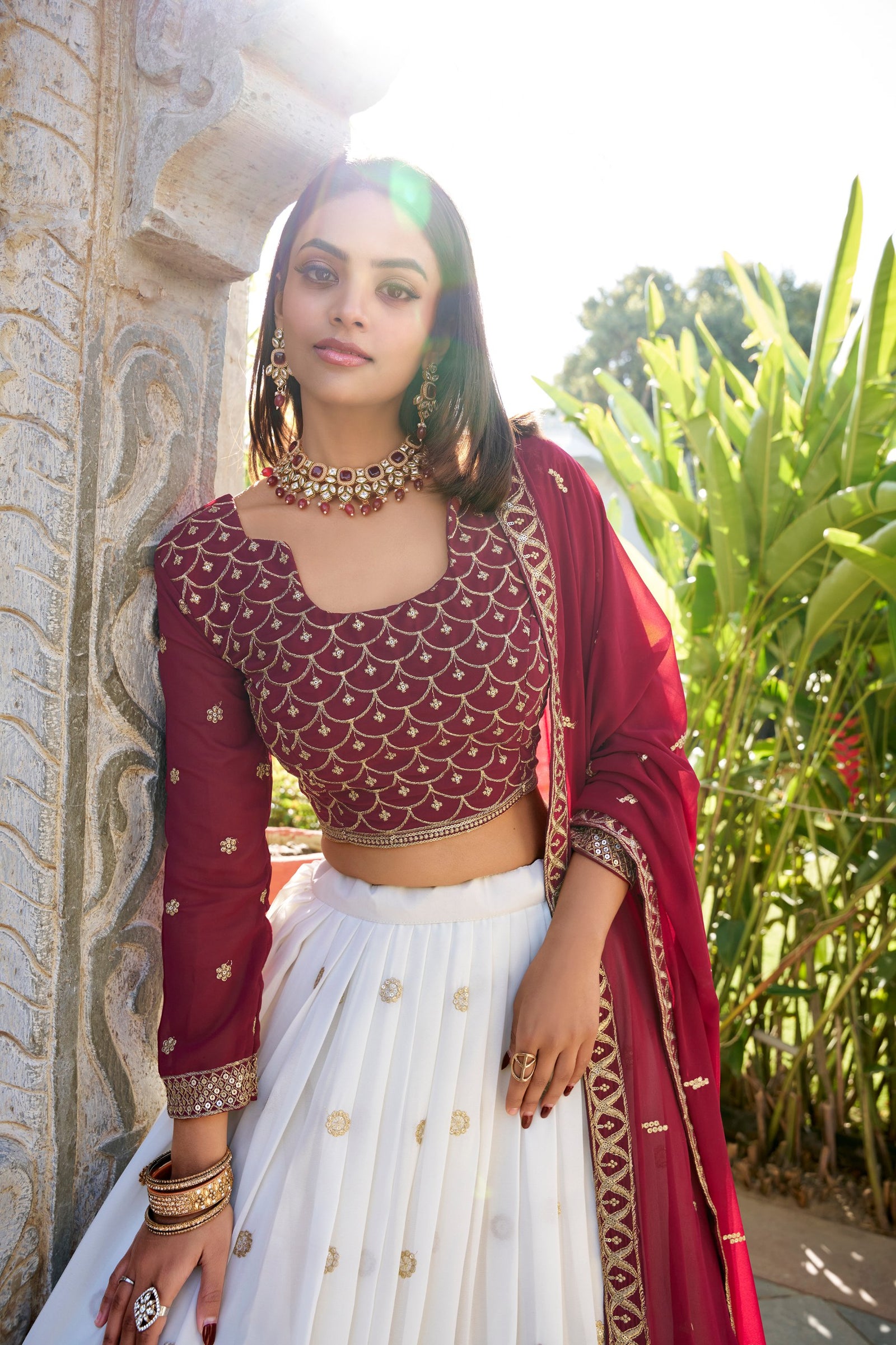 White Georgette Lehenga Set with Sequins & Thread Embroidery