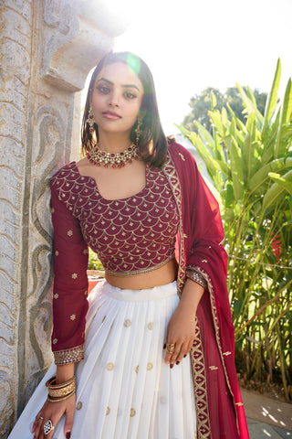 White Georgette Lehenga Set with Sequins & Thread Embroidery