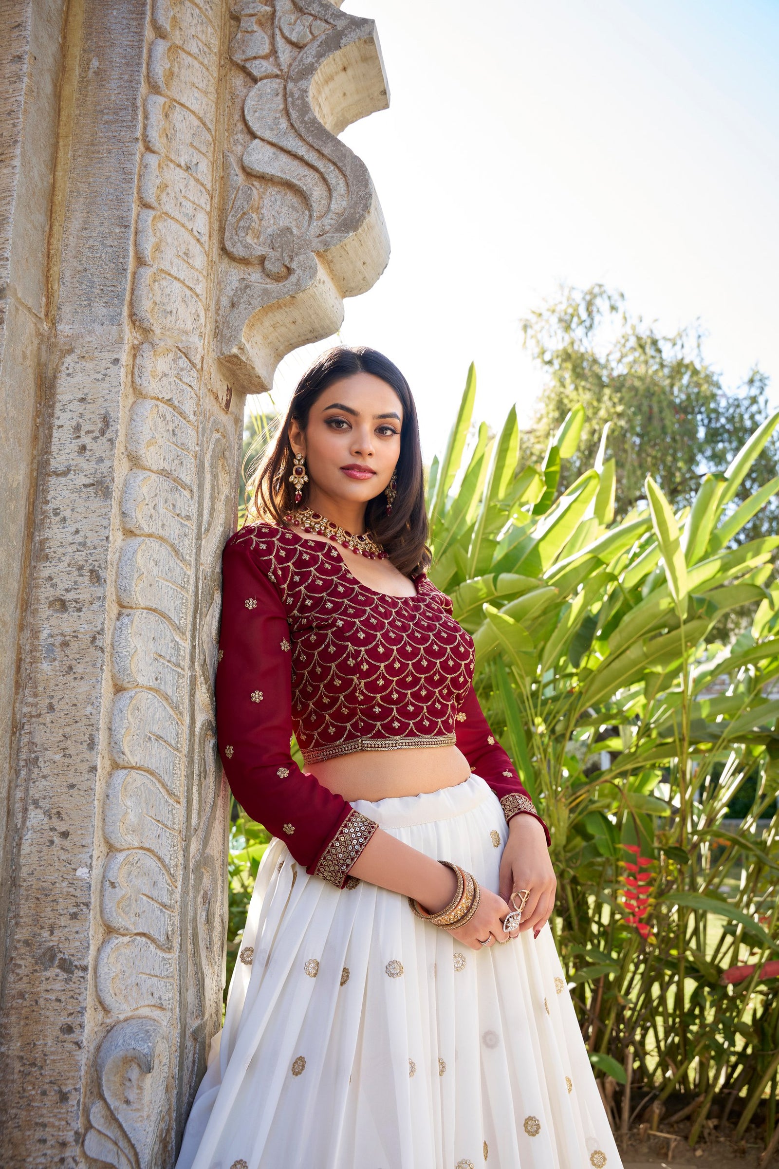 White Georgette Lehenga Set with Sequins & Thread Embroidery