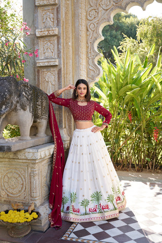 White Georgette Lehenga Set with Sequins & Thread Embroidery