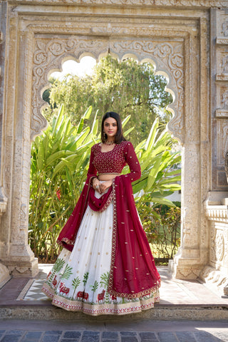White Georgette Lehenga Set with Sequins & Thread Embroidery