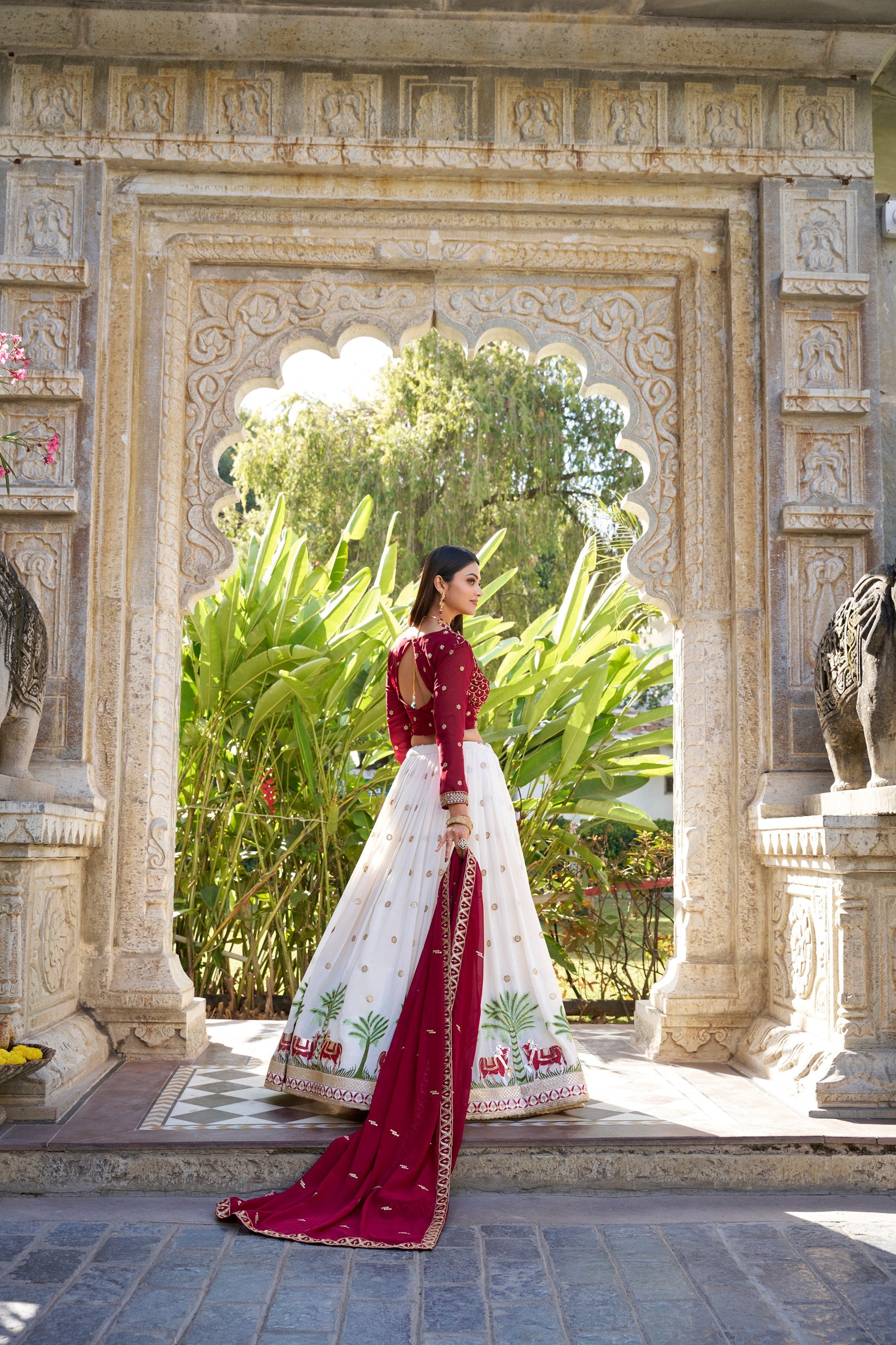 White Georgette Lehenga Set with Sequins & Thread Embroidery
