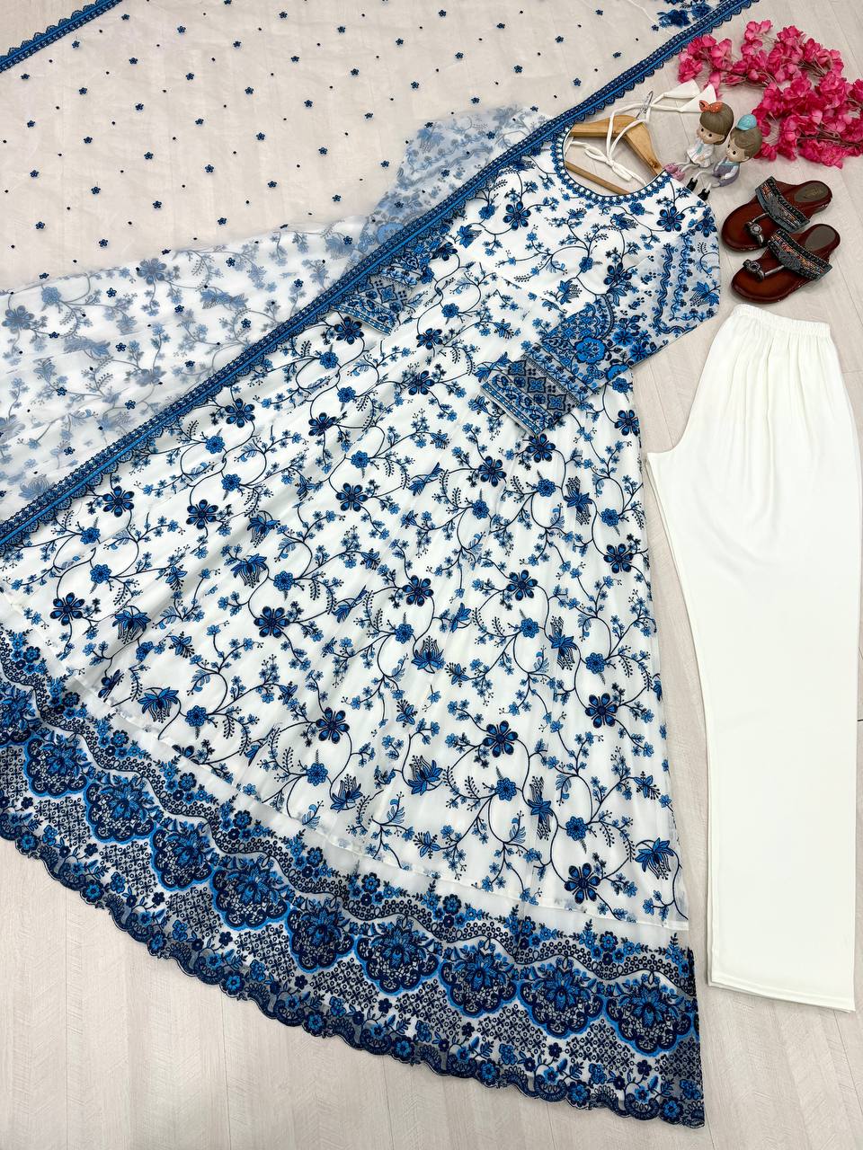 White Georgette & Organza Silk Gown ClothsVilla