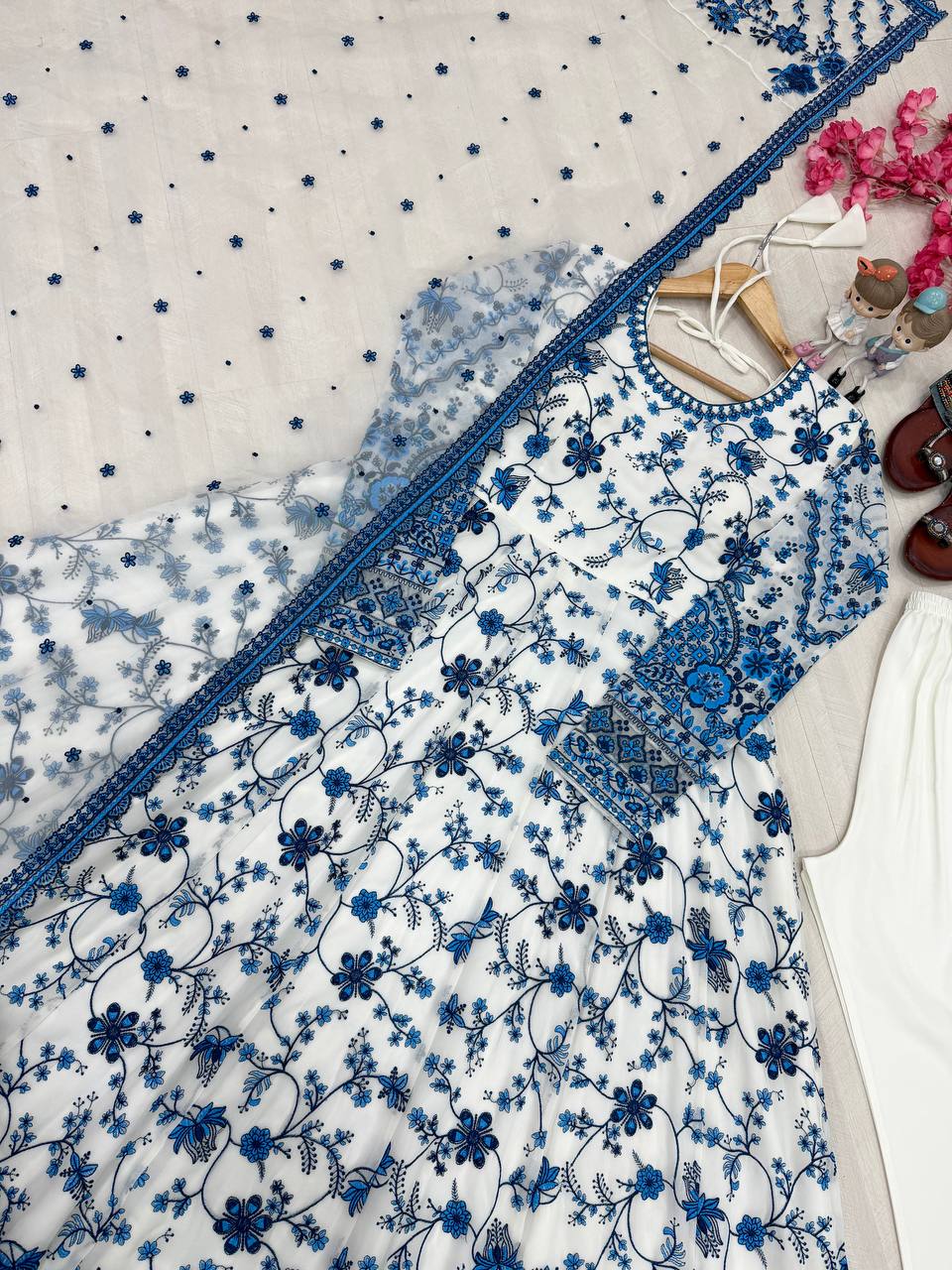 White Georgette & Organza Silk Gown ClothsVilla