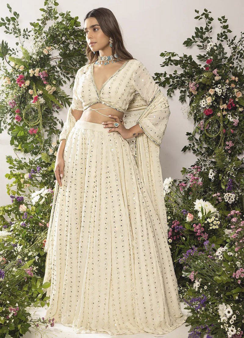 White Georgette Sequin Embroidered Lehenga ClothsVilla