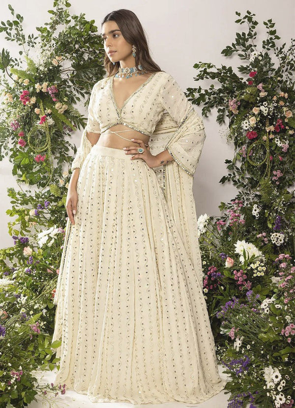 White Georgette Sequin Embroidered Lehenga ClothsVilla