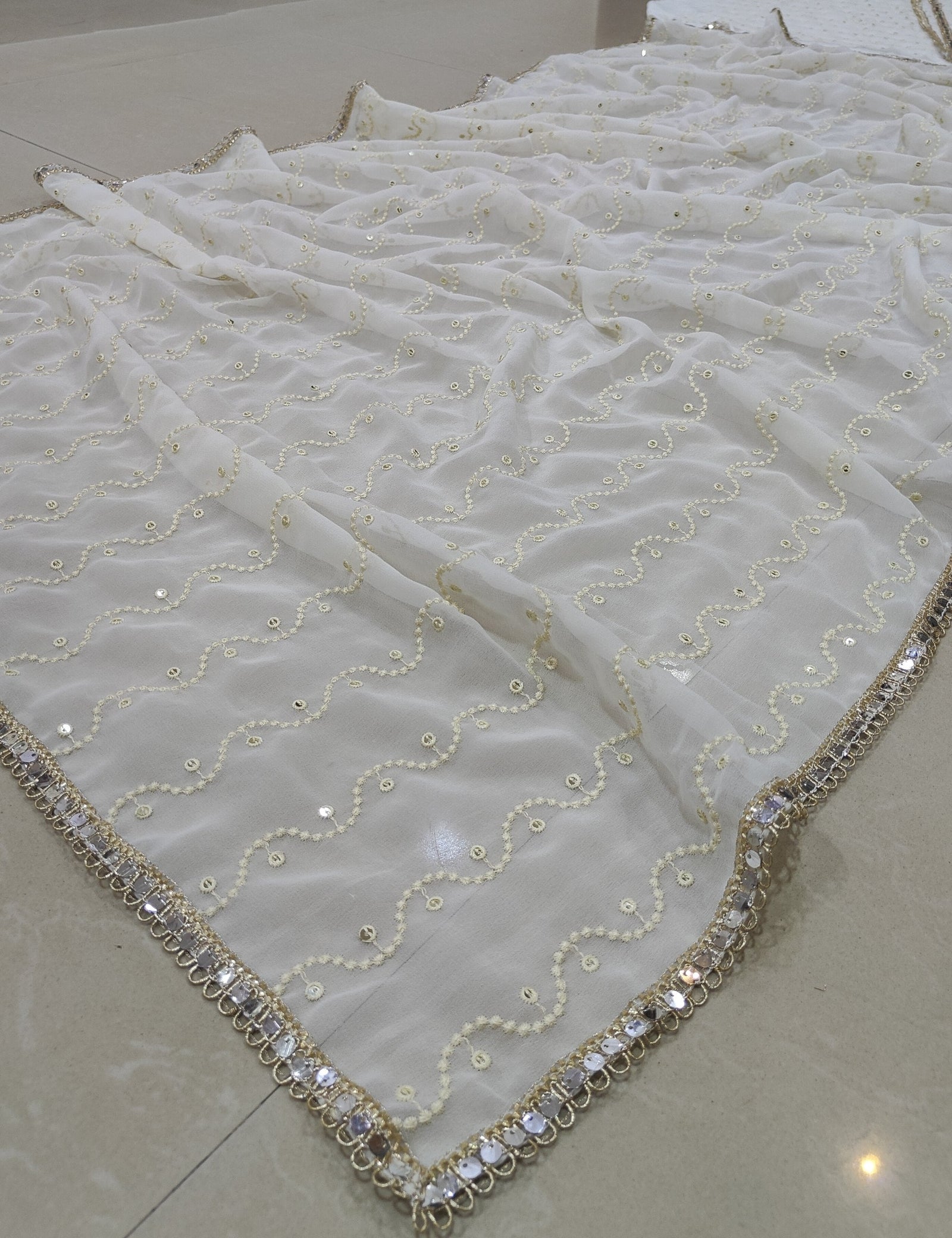 White Georgette Sequin Embroidered Lehenga ClothsVilla