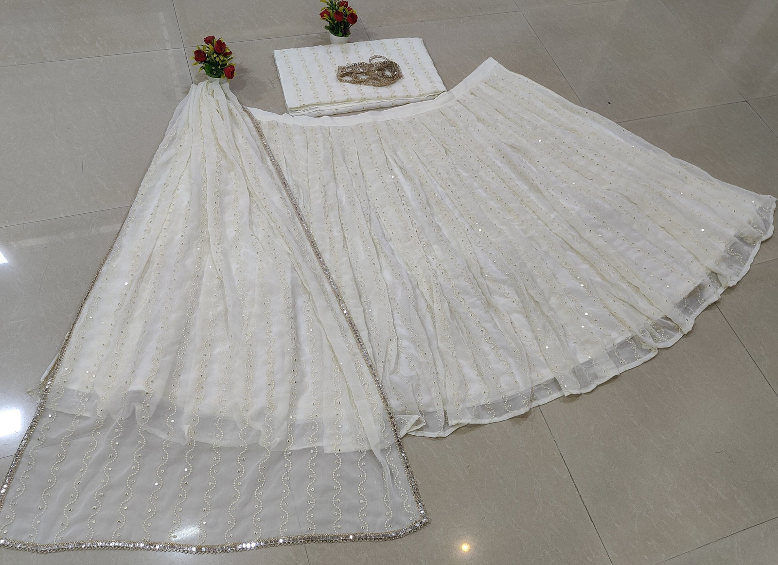 White Georgette Sequin Embroidered Lehenga ClothsVilla