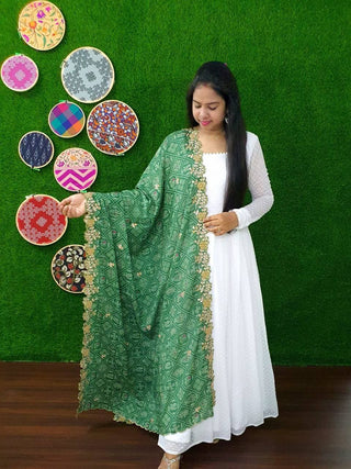 White Georgette Thousand Butti Gown with Rich Bandhej Dupatta ClothsVilla