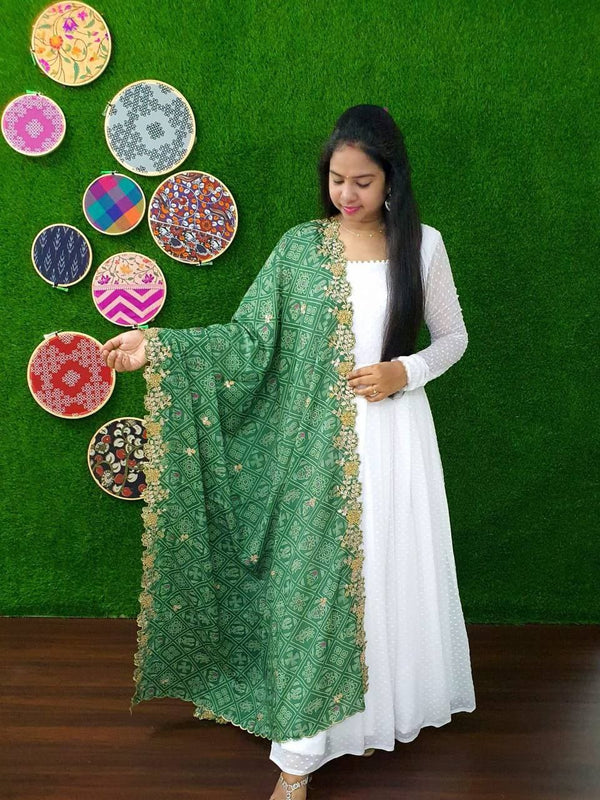 White Georgette Thousand Butti Gown with Rich Bandhej Dupatta ClothsVilla