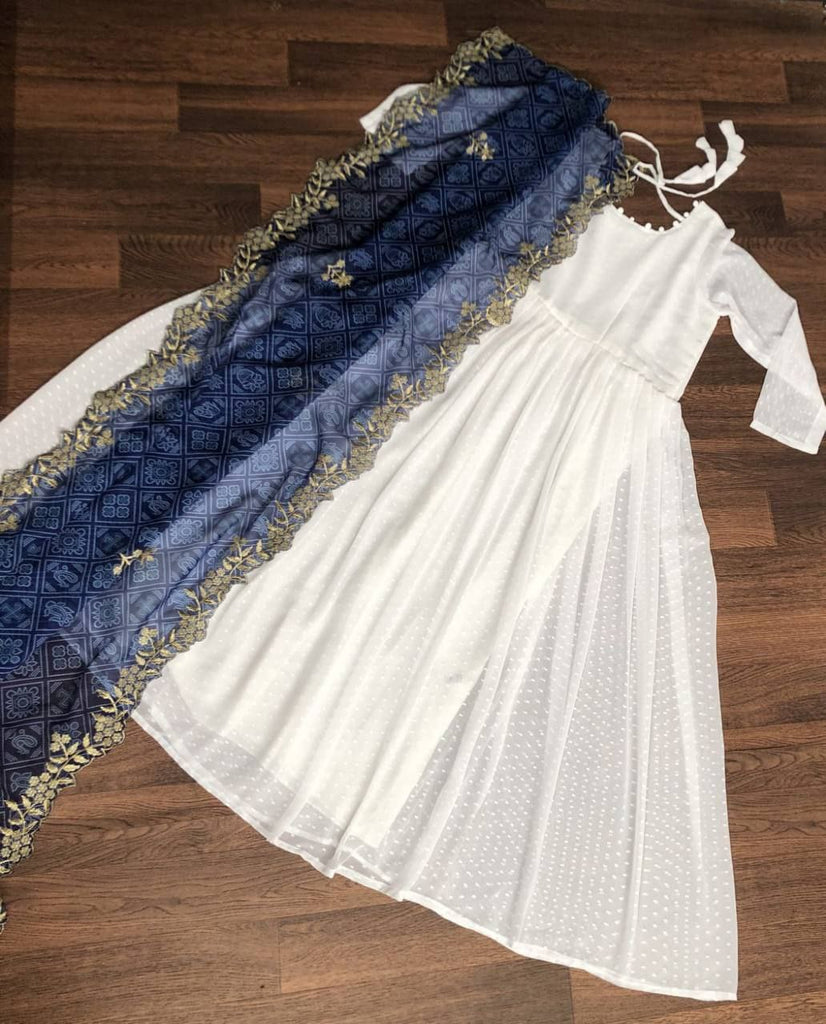 White Georgette Thousand Butti Gown with Rich Bandhej Dupatta ClothsVilla
