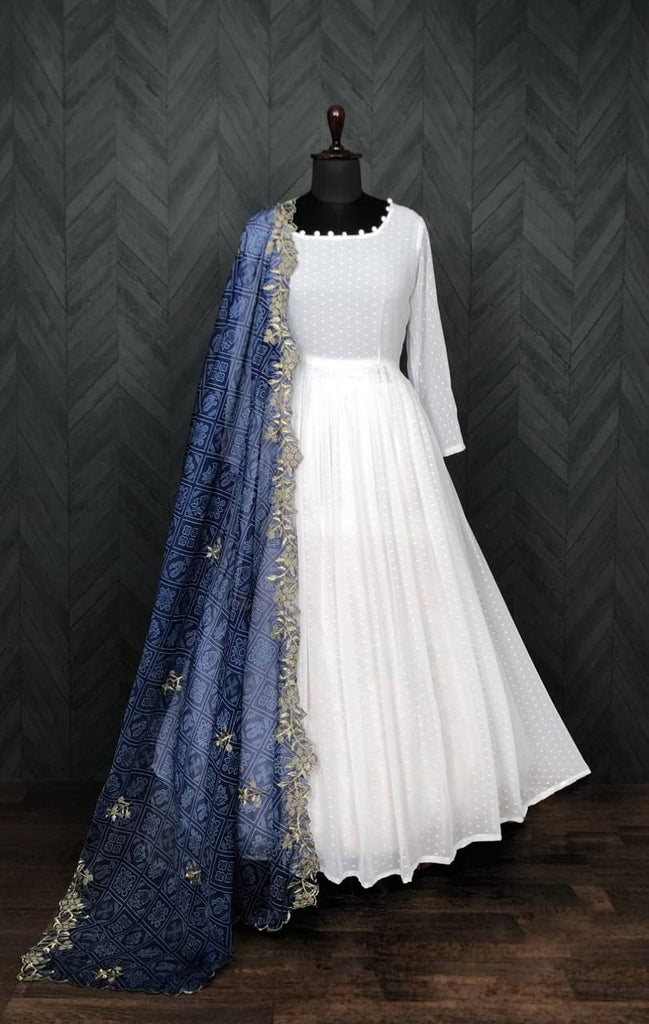 White Georgette Thousand Butti Gown with Rich Bandhej Dupatta ClothsVilla