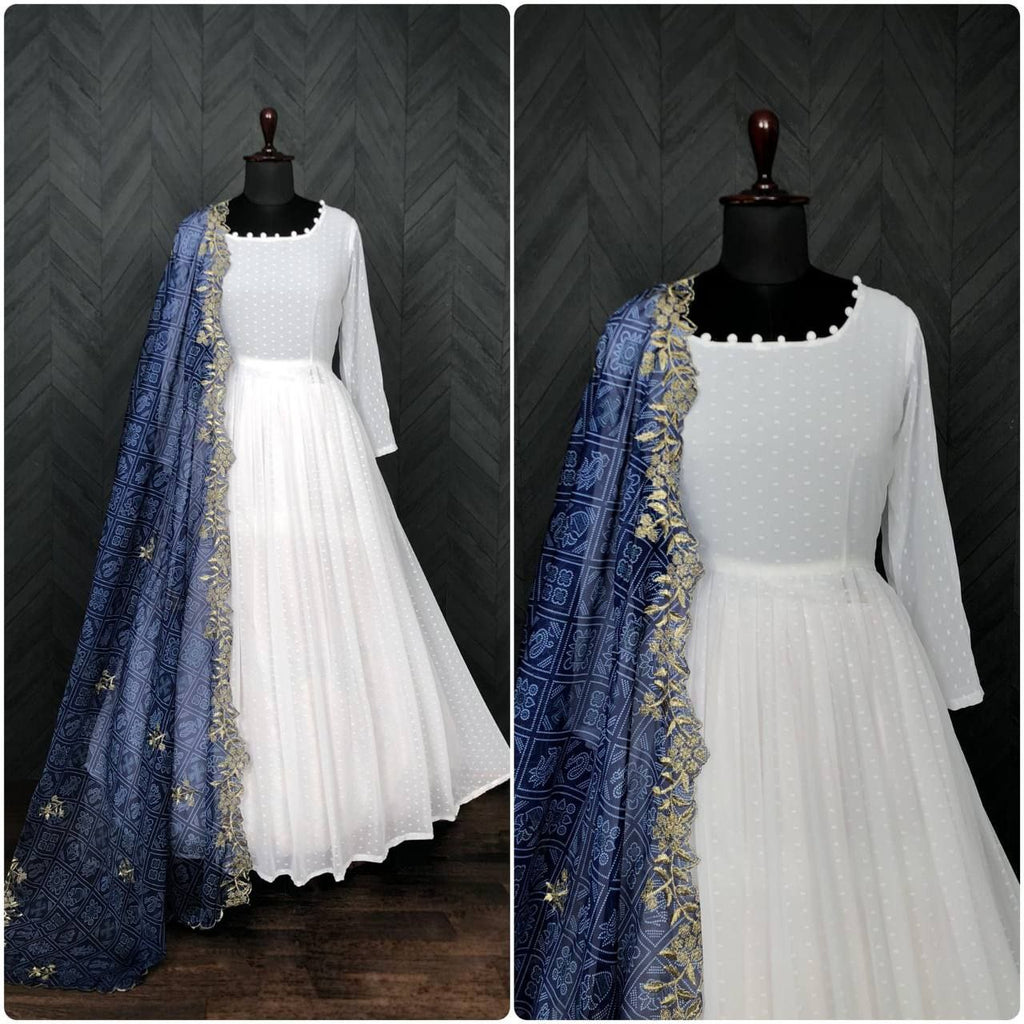 White Georgette Thousand Butti Gown with Rich Bandhej Dupatta ClothsVilla