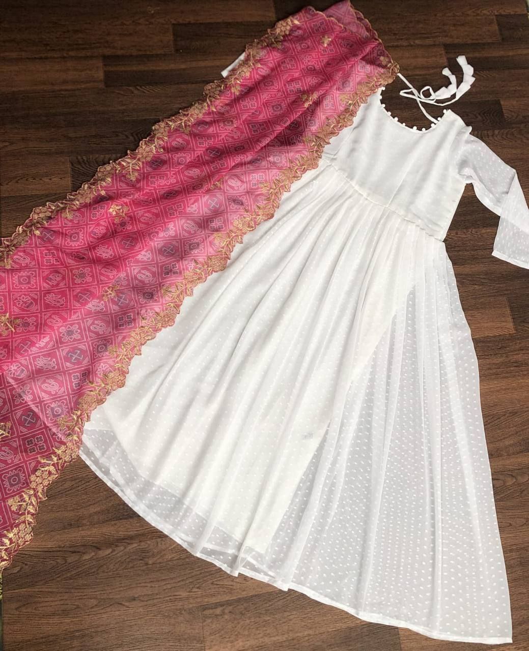 White Georgette Thousand Butti Gown with Rich Bandhej Dupatta ClothsVilla