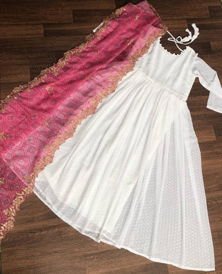 White Georgette Thousand Butti Gown with Rich Bandhej Dupatta ClothsVilla