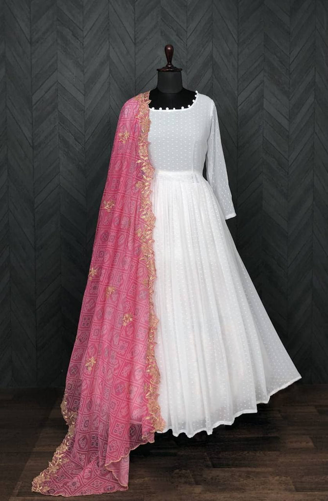 White Georgette Thousand Butti Gown with Rich Bandhej Dupatta ClothsVilla