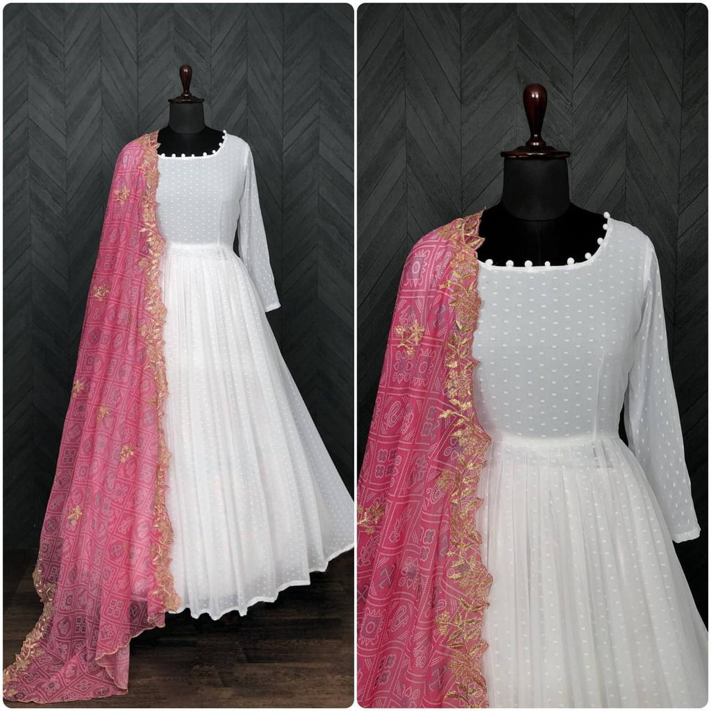 White Georgette Thousand Butti Gown with Rich Bandhej Dupatta ClothsVilla