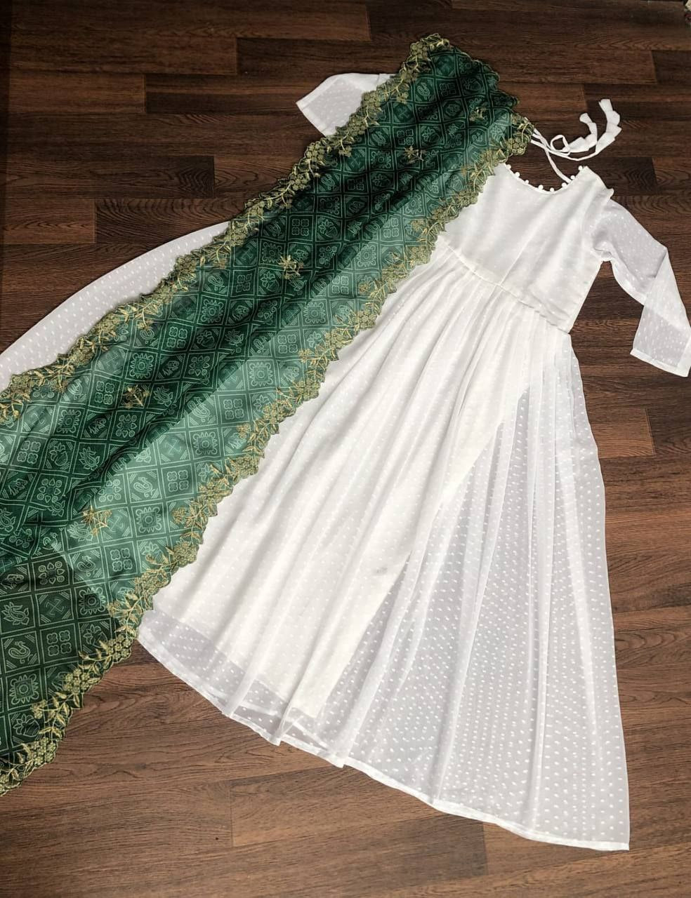 White Georgette Thousand Butti Gown with Rich Bandhej Dupatta ClothsVilla