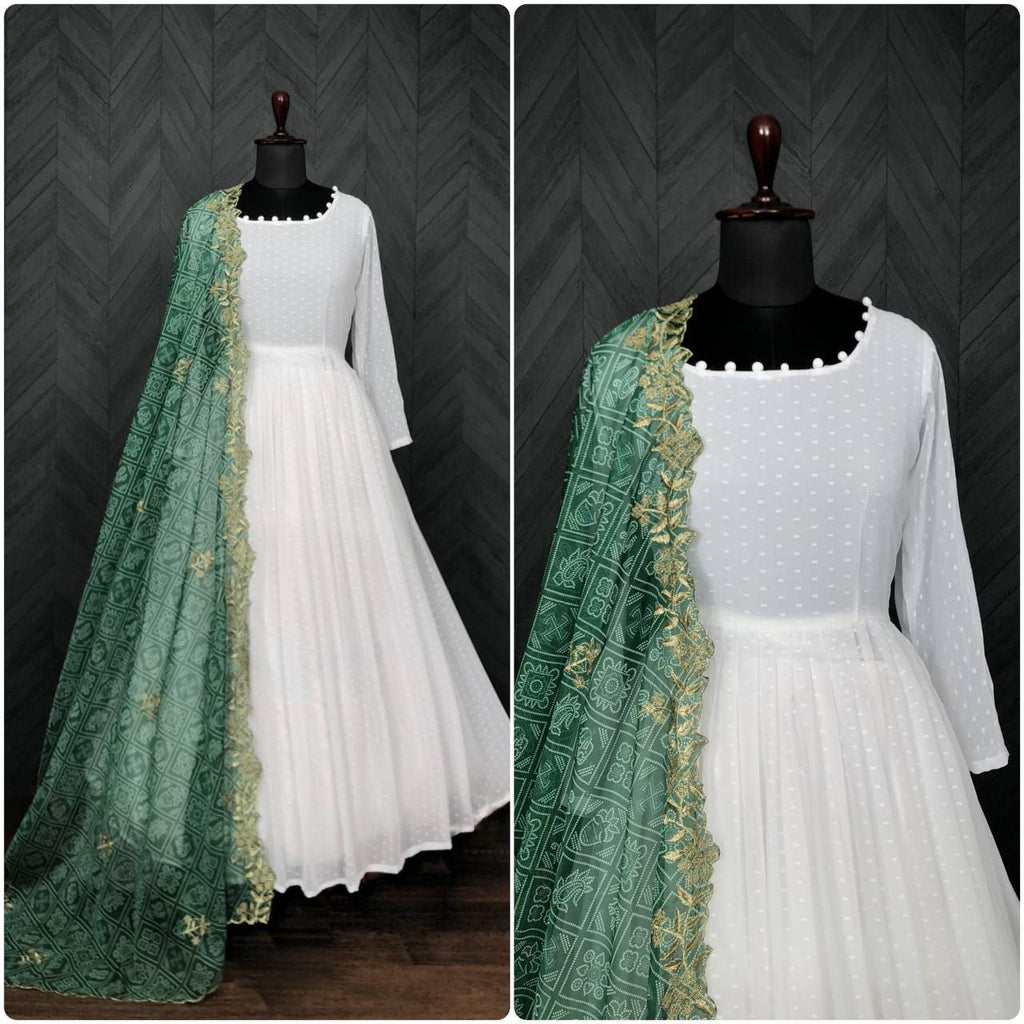 White Georgette Thousand Butti Gown with Rich Bandhej Dupatta ClothsVilla