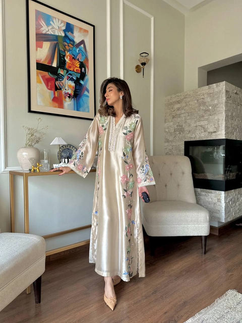 White Glass Embroidered Long Kaftan Set ClothsVilla Main image