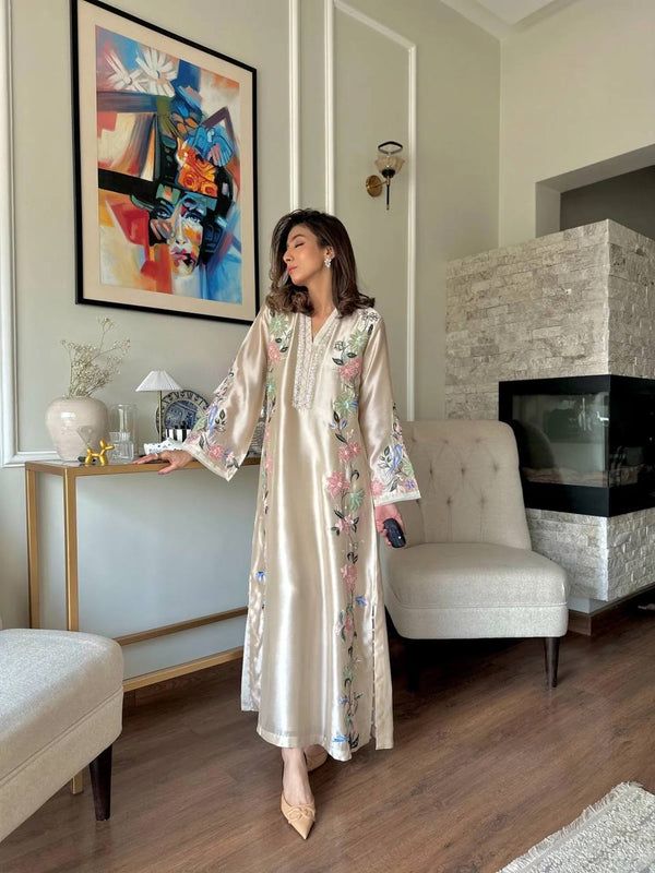 White Glass Embroidered Long Kaftan Set ClothsVilla