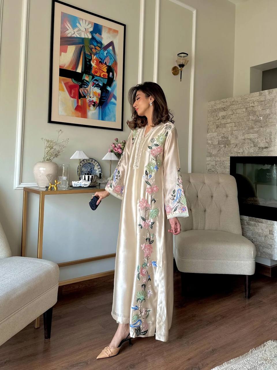 White Glass Embroidered Long Kaftan Set ClothsVilla
