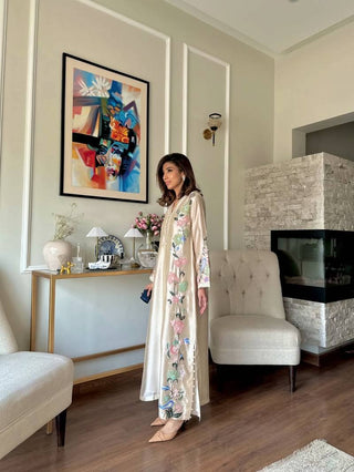 White Glass Embroidered Long Kaftan Set ClothsVilla