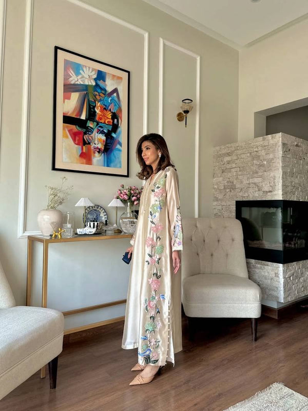 White Glass Embroidered Long Kaftan Set ClothsVilla