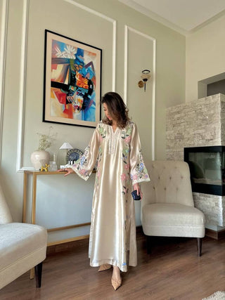 White Glass Embroidered Long Kaftan Set ClothsVilla