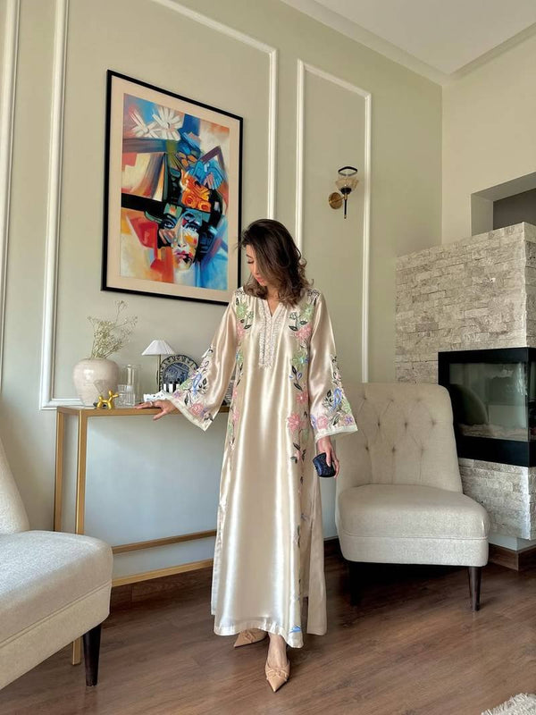 White Glass Embroidered Long Kaftan Set ClothsVilla