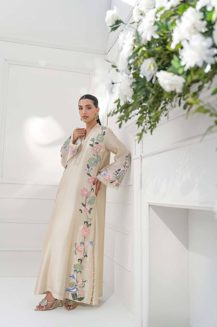 White Glass Embroidered Long Kaftan Set ClothsVilla