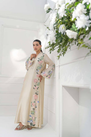 White Glass Embroidered Long Kaftan Set ClothsVilla