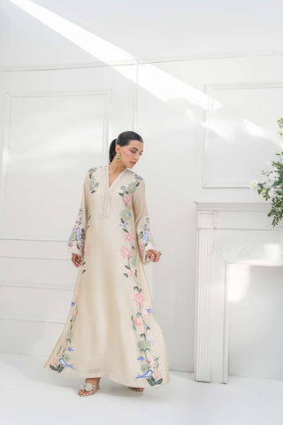 White Glass Embroidered Long Kaftan Set ClothsVilla