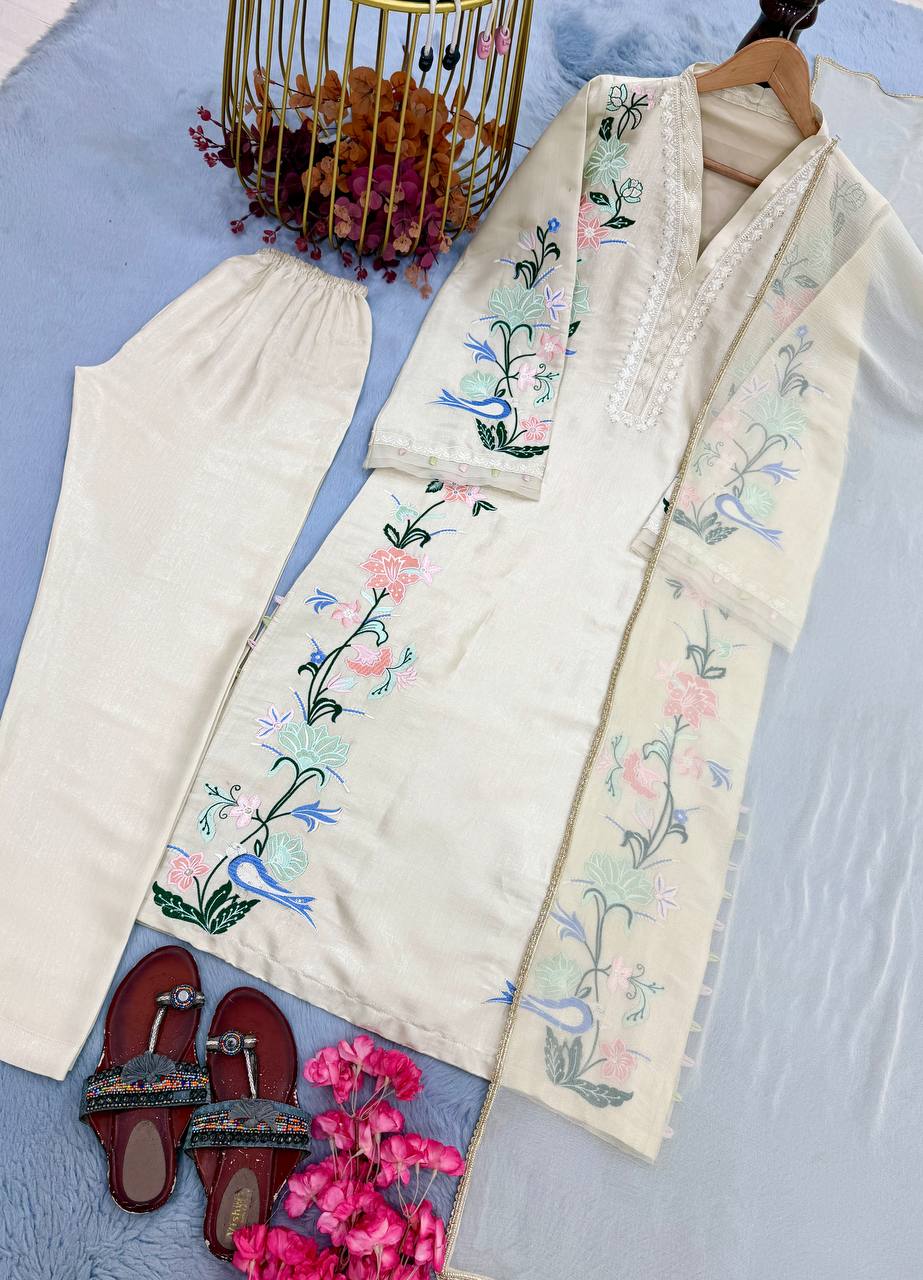 White Glass Embroidered Long Kaftan Set ClothsVilla