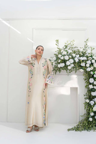 White Glass Embroidered Long Kaftan Set ClothsVilla