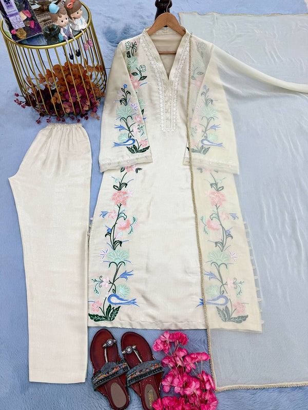 White Glass Embroidered Long Kaftan Set ClothsVilla