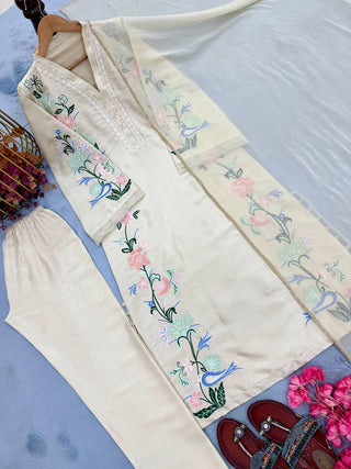 White Glass Embroidered Long Kaftan Set ClothsVilla