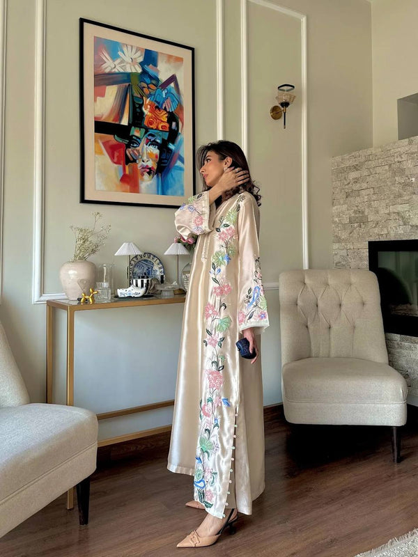White Glass Embroidered Long Kaftan Set ClothsVilla