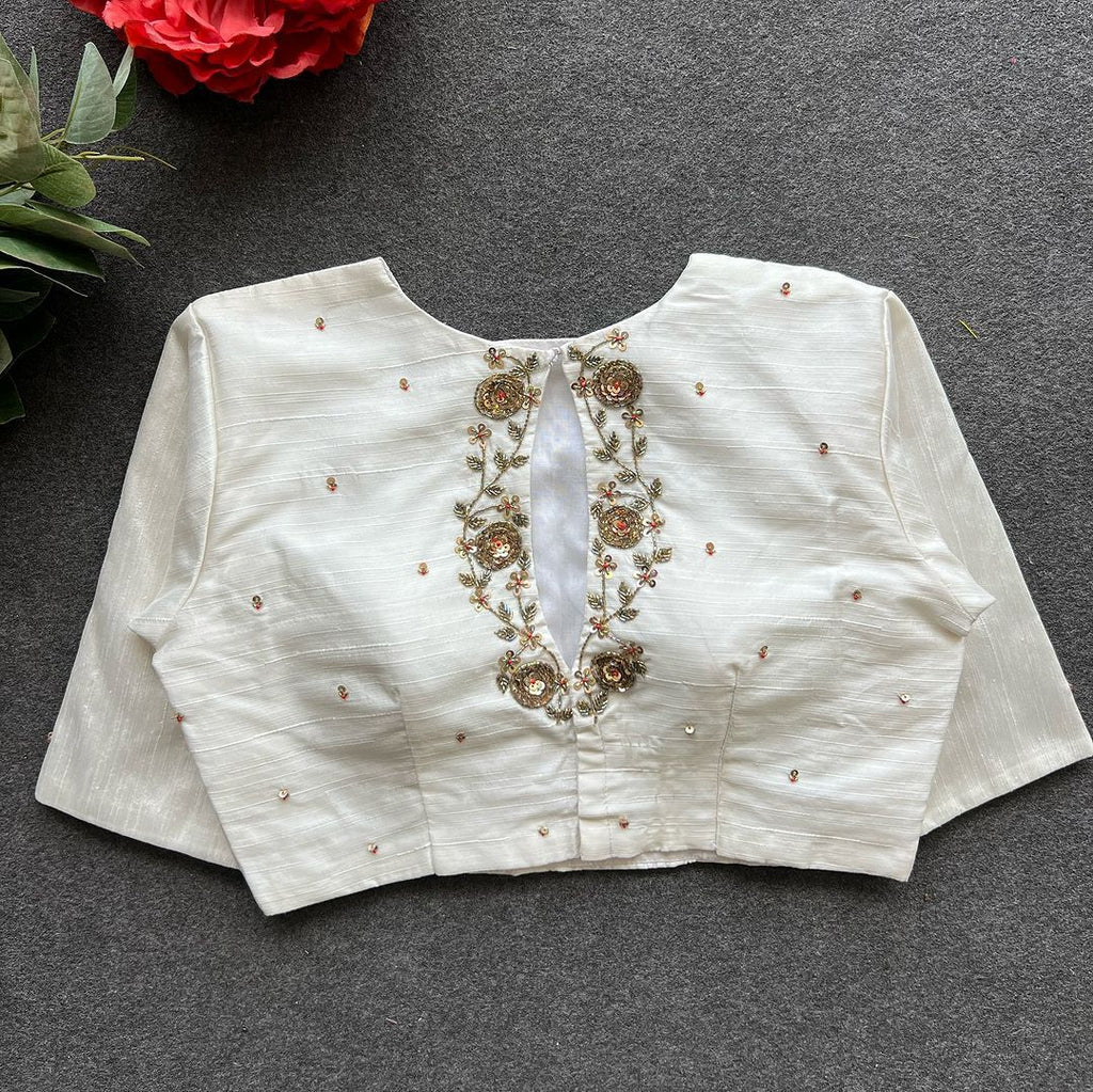 White Golden Elegance: Handcrafted Elzara Silk Blouse ClothsVilla