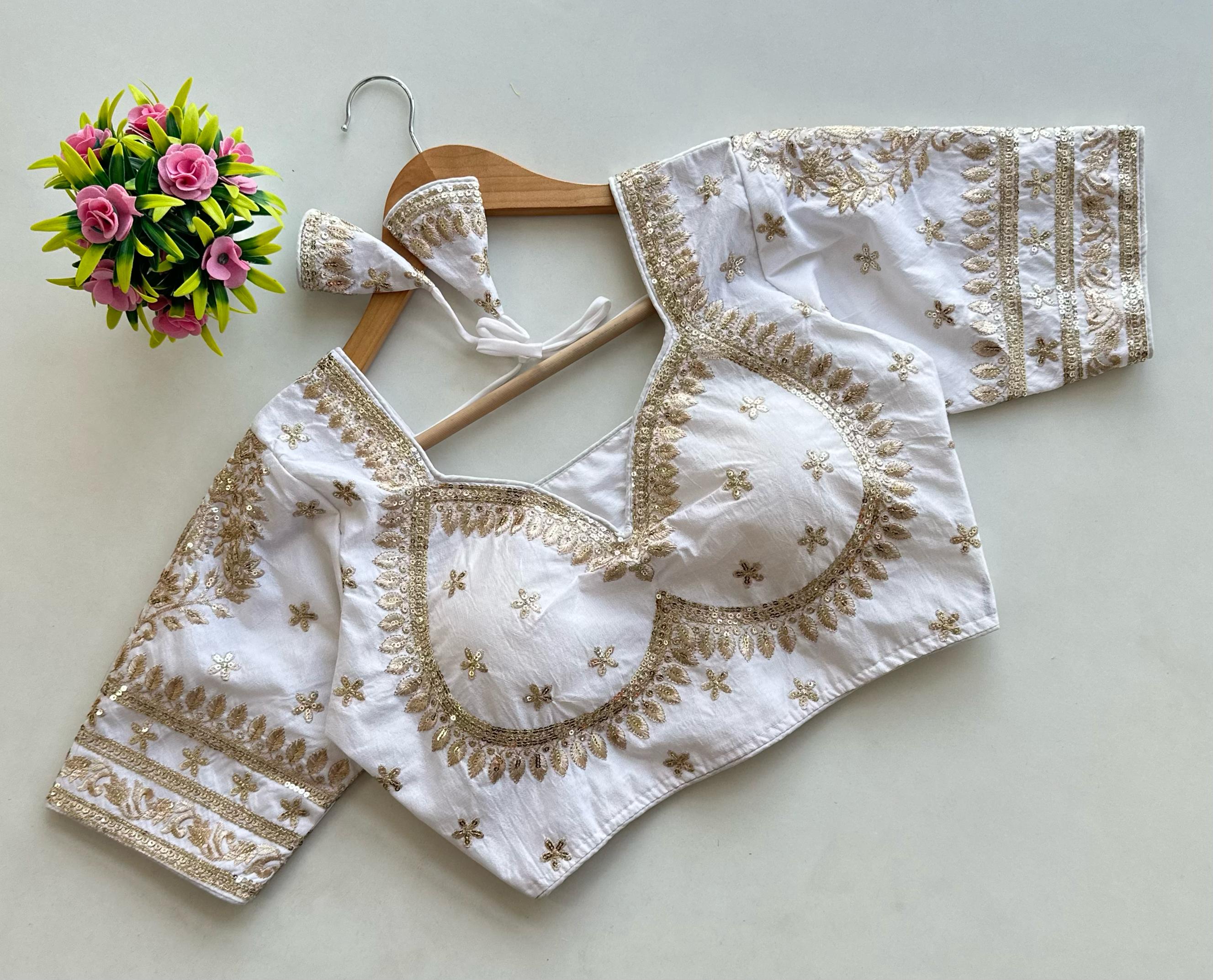 White Golden Embroidered Blubbery Silk Blouse with Sequins ClothsVilla Main image